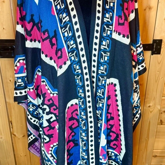 Flying Tomato Open Front Fringe Trimmed Black, Pink & Purple One Size Kimono - Picture 5 of 10